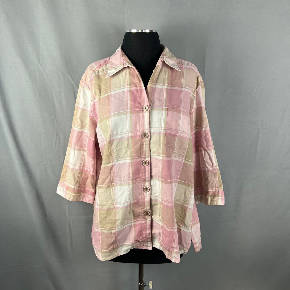 Allison Daley Shirt Womens 14 Multi Check Cotton Collared Side Slit Button Up